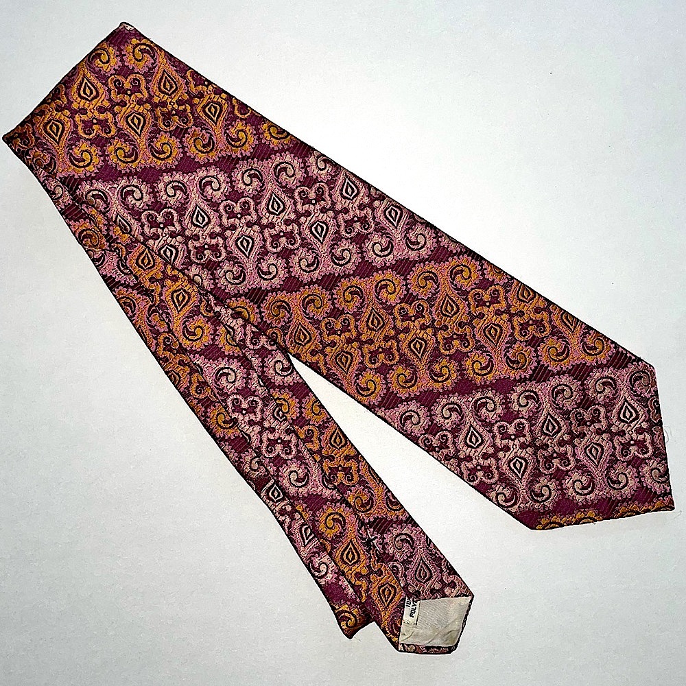 Trevira Vintage Tie retro wide funky iridescent pink burgundy gold 70s pattern